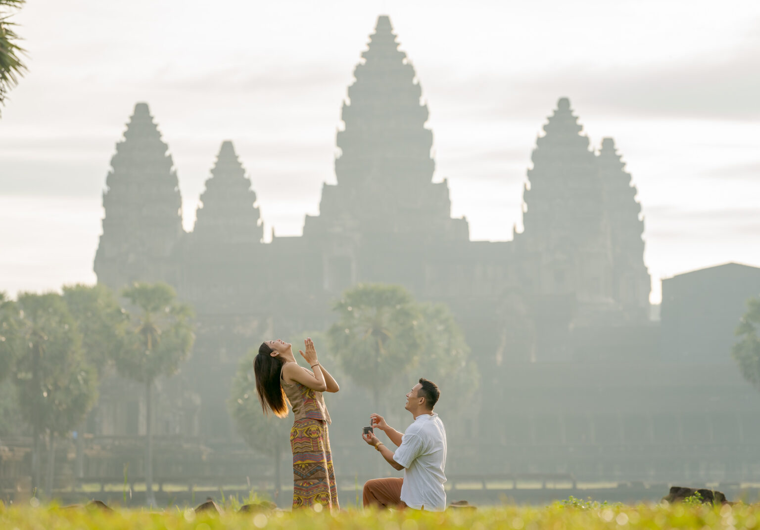 Couple proposal at Angkor Wat captured by Siem Reap Photographer during an Angkor Wat Photoshoot