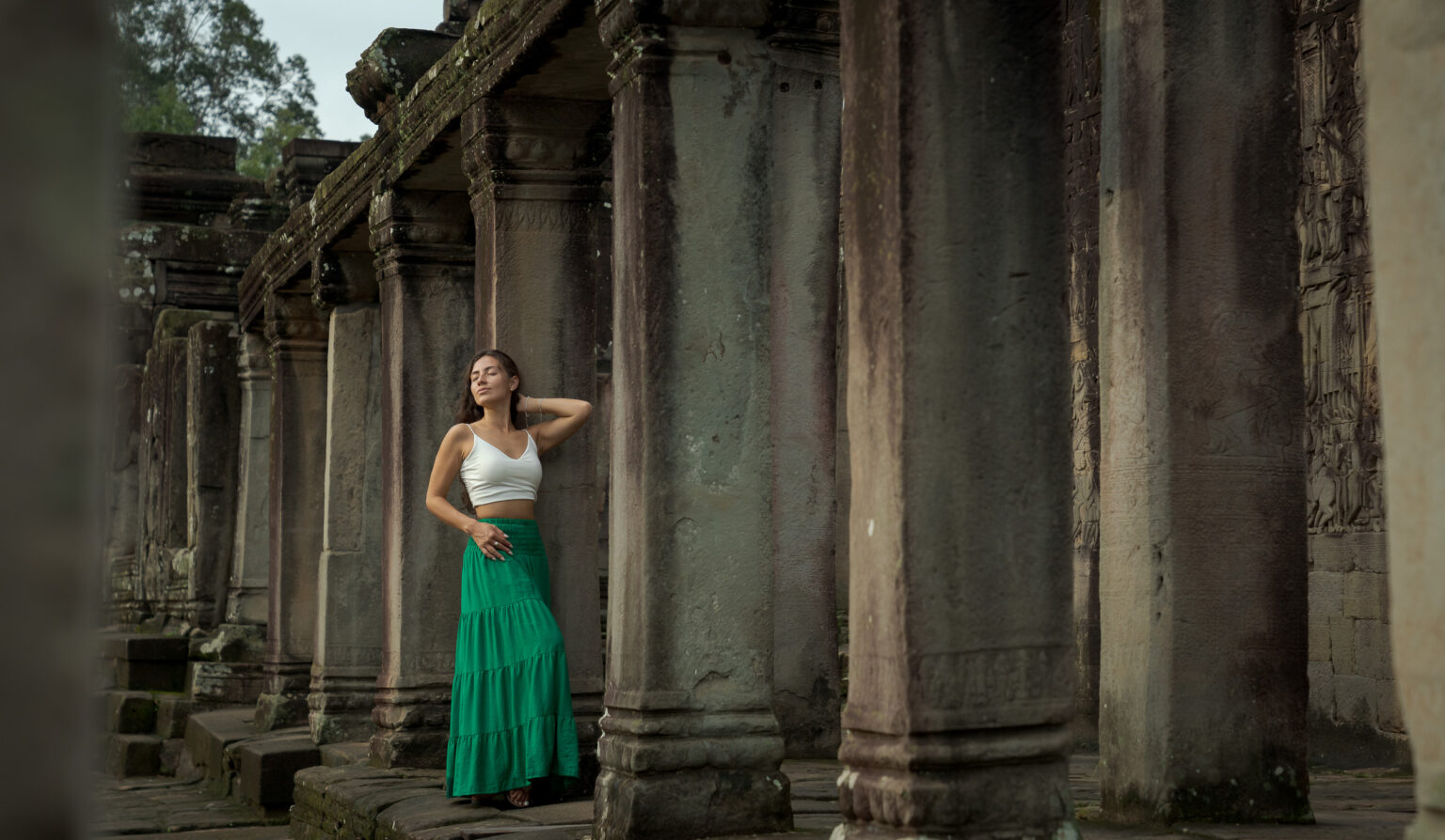 Solo Traveler at Bayon Temple on a Photoshoot with Siem Reap Photographer