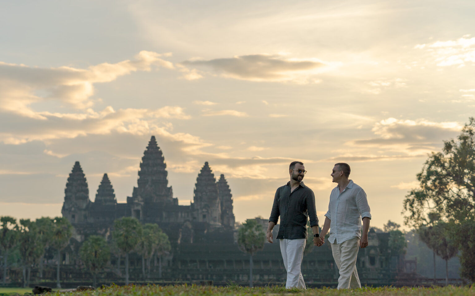 LGBTQ couple at Angkor Wat Temple, Cambodia on a photoshoot at Angkor Wat with Siem Reap Photographer