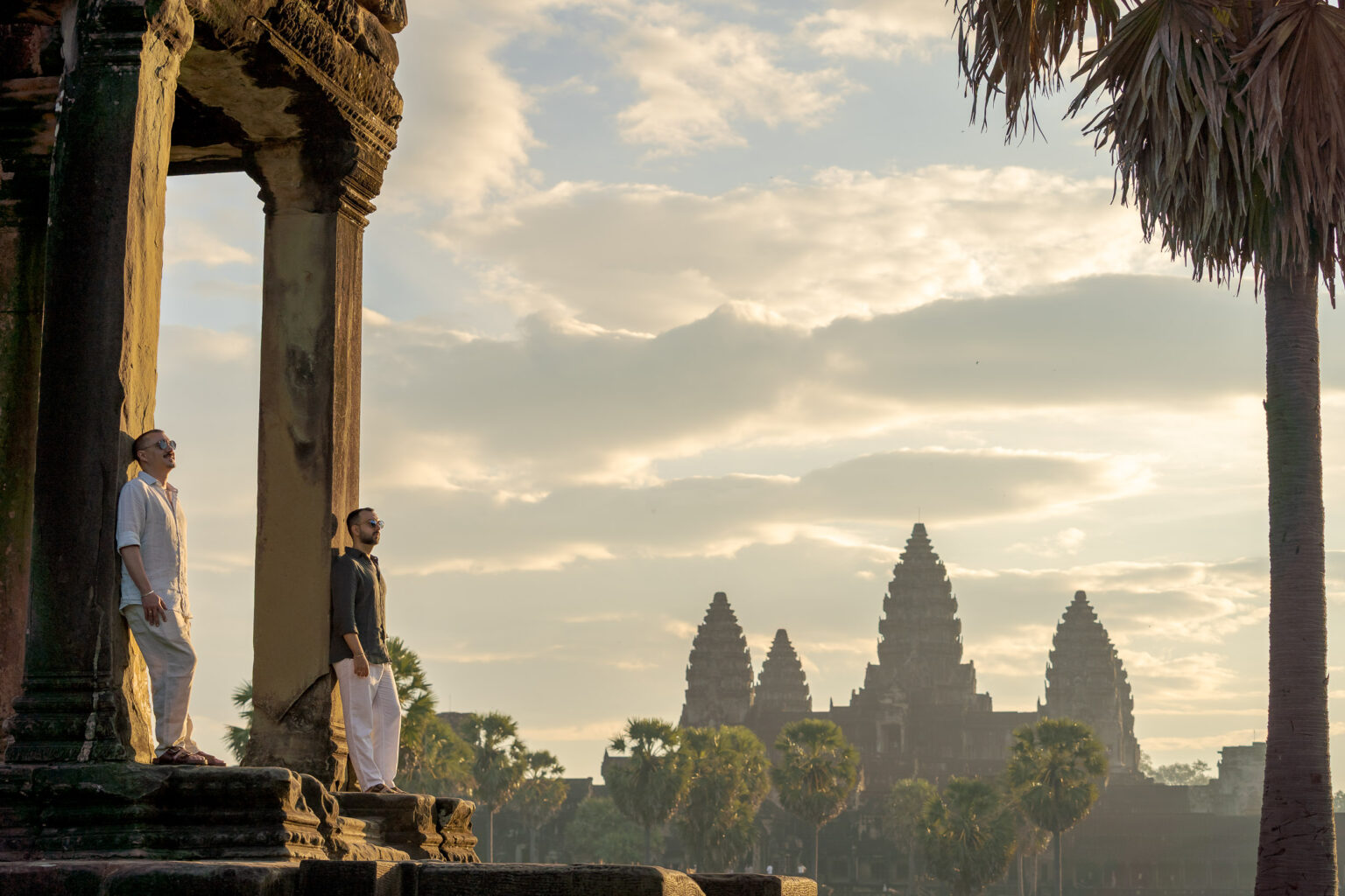 LGBTQ couple at Angkor Wat Temple, Cambodia on a photoshoot at Angkor Wat with Siem Reap Photographer