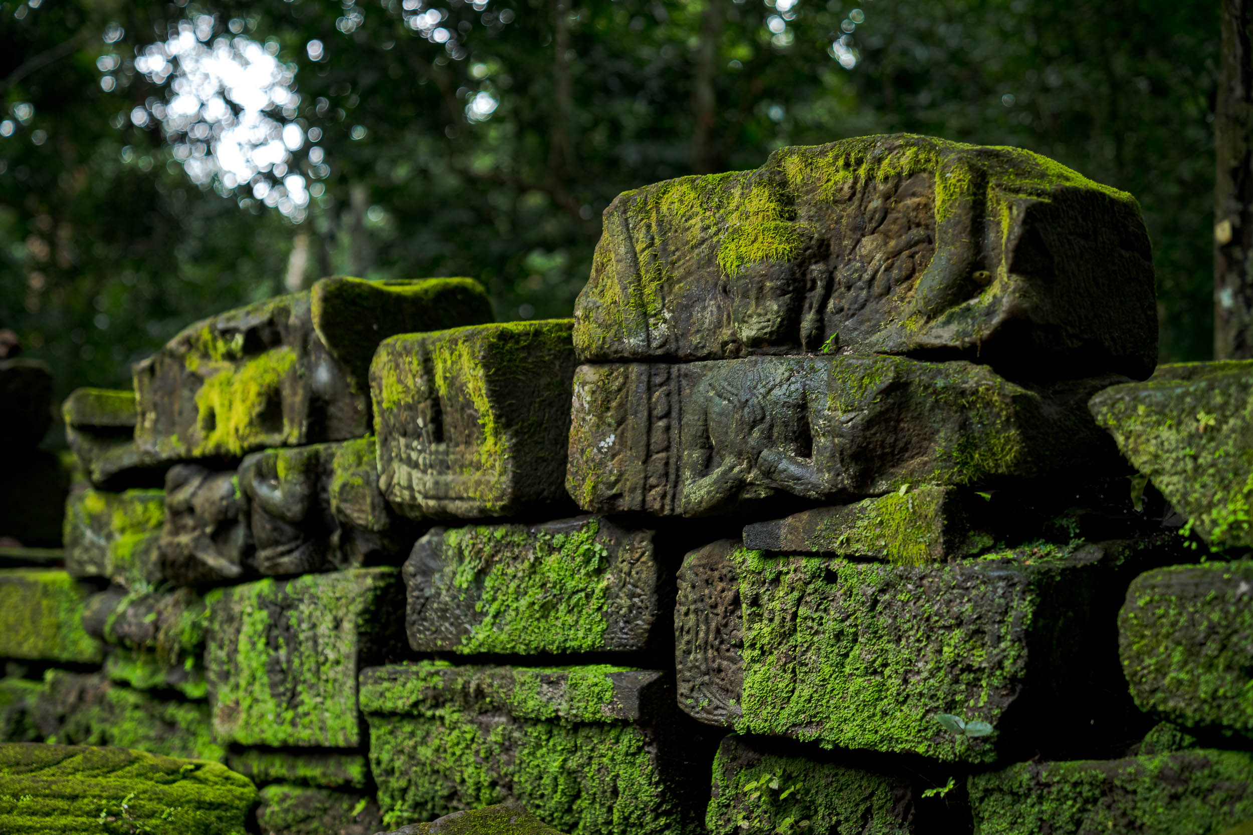 Ancient stone ruins covered in moss at an Angkor temple near Siem Reap