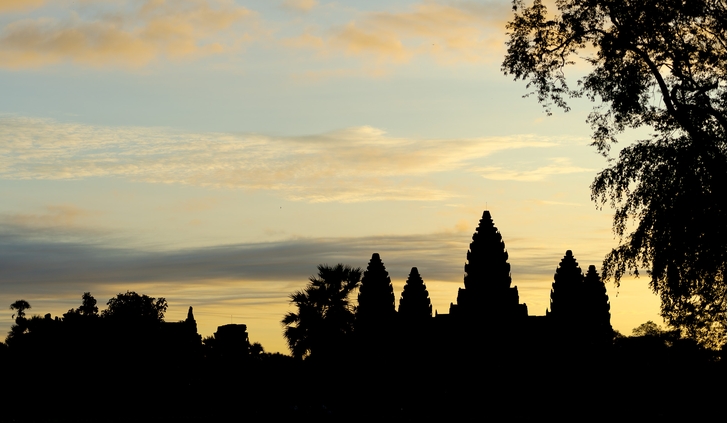 Silhouette of Angkor Wat temple at sunrise in Siem Reap, Cambodia