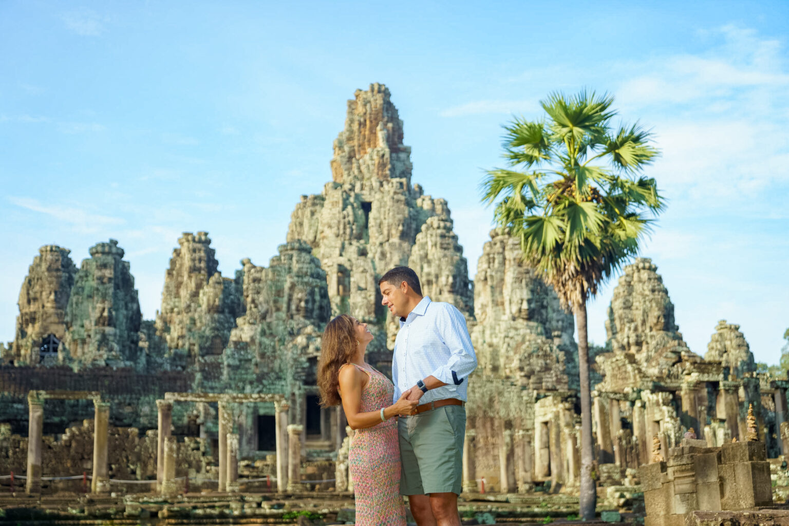 Couple at Bayon Temple, on a photoshoot with Siem Reap Photographer