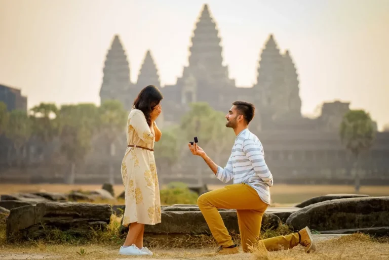Proposal at Angkor Wat with a shorter focal length - the temple appears further away, but subjects appear closer