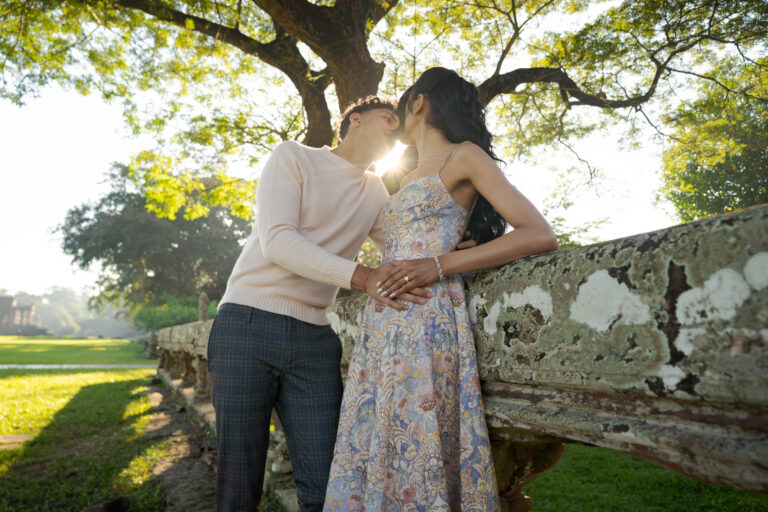 couple with wedding ring after proposal at angkor wat on a photoshoot with siem reap photographer