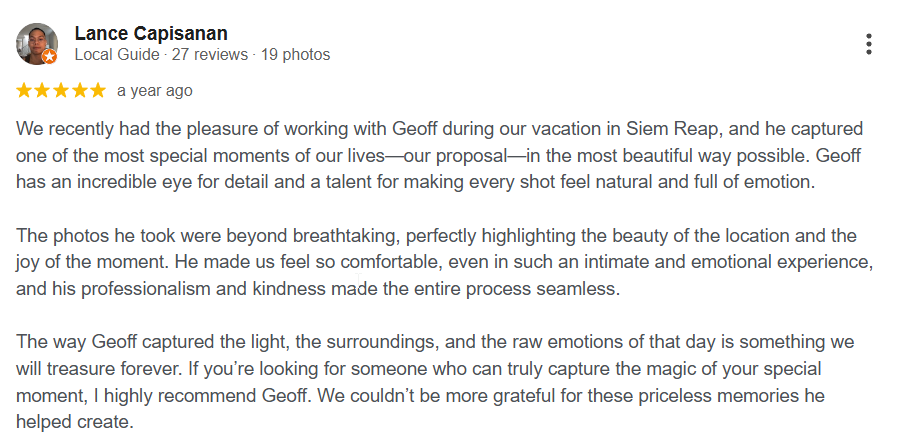 5 star google review proposal photoshoot siem reap
