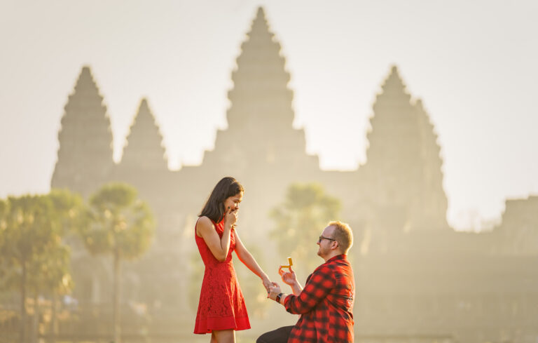 Man proposing to lady at Angkor Wat at sunrise