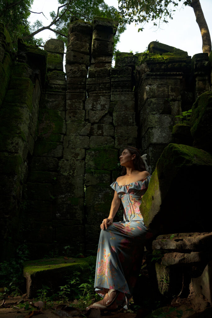 Private solo traveller photoshoot at Ta Prohm with cinematic afternoon light