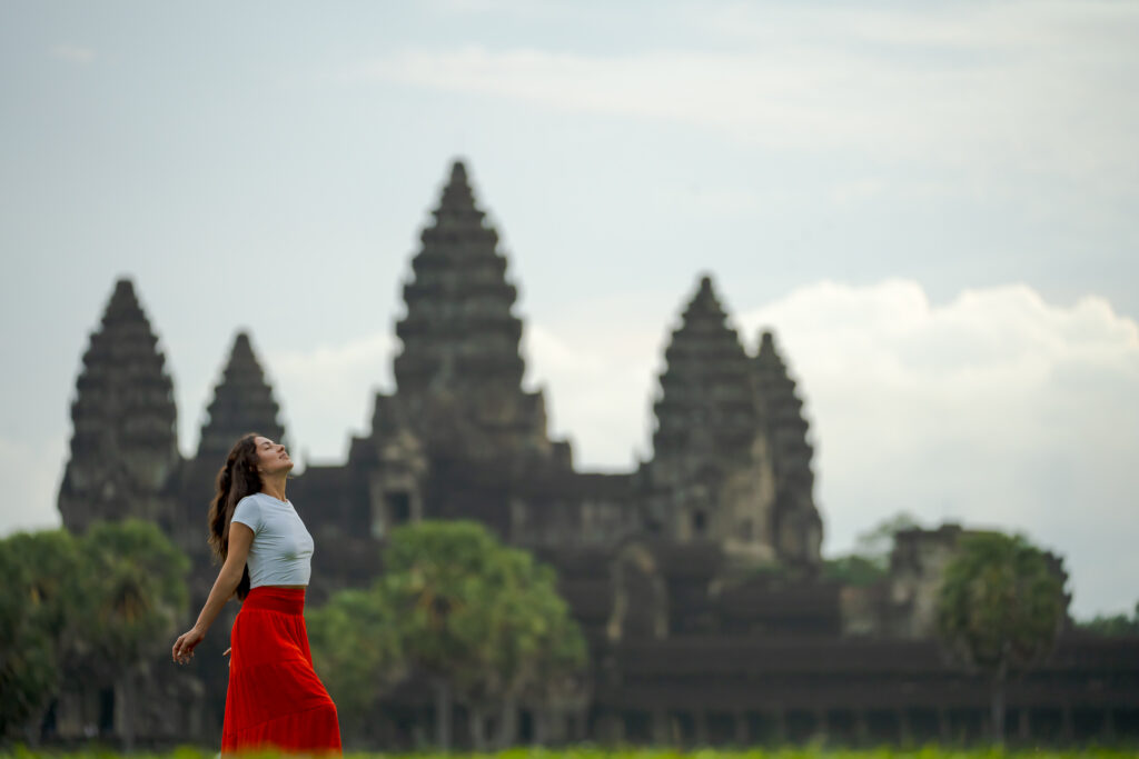 Solo Traveller at Angkor Wat at sunrise photographed by Siem Reap Photographer