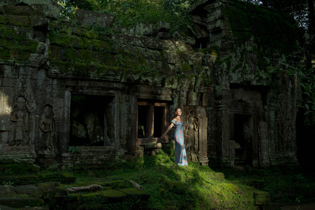 Private solo traveller photoshoot at Ta Prohm with cinematic afternoon light