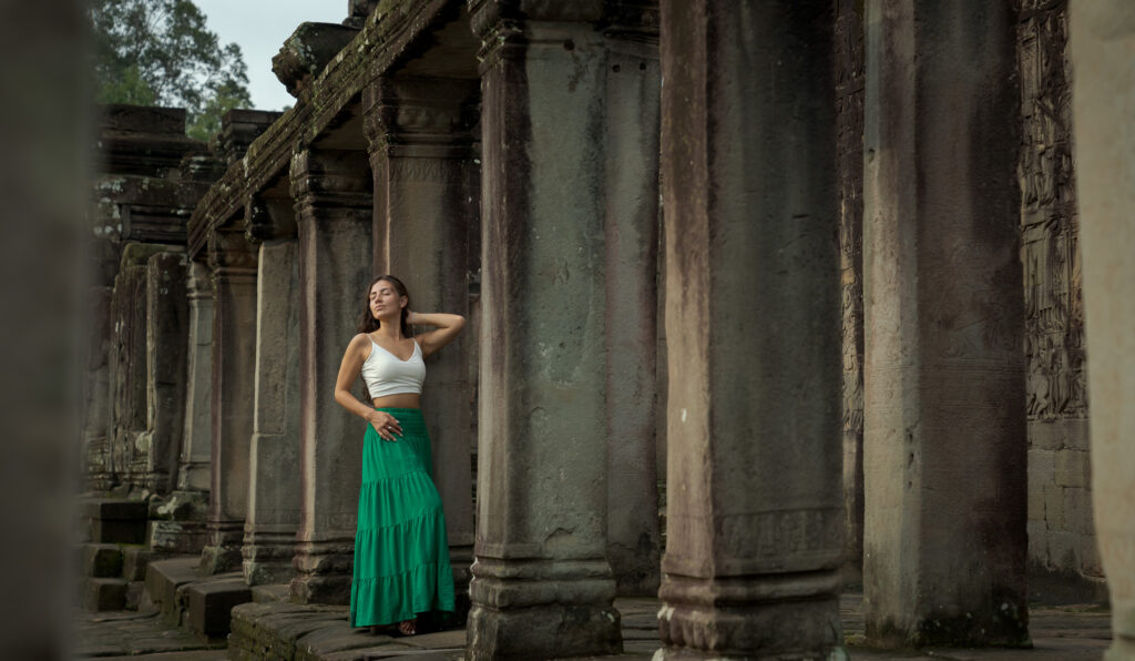 solo traveller lady at bayon temple photographed by siem reap photographer